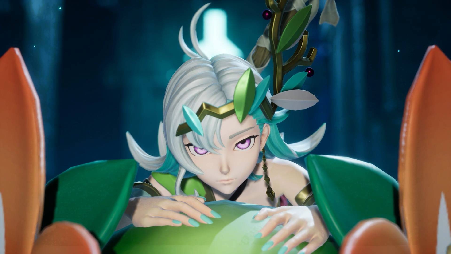 Personnage aux cheveux verts dans une scene sombre