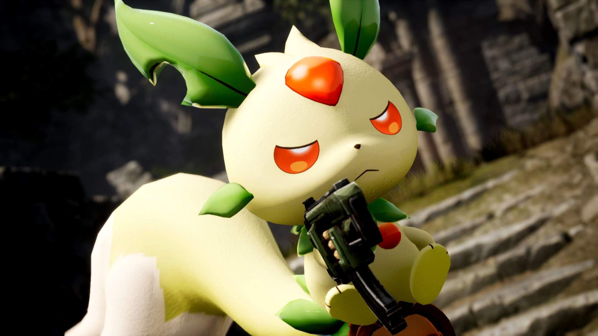 Pal vert tenant une arme pres de ruines