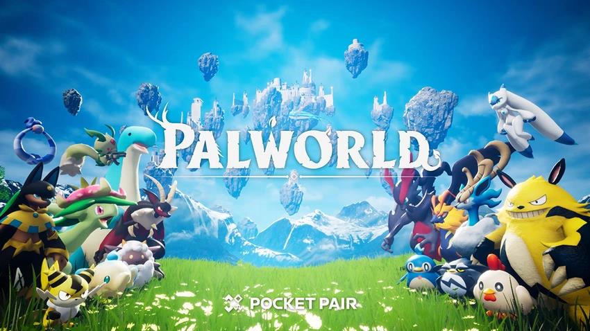 Illustration officielle avec logo Pocketpair et plusieurs Pals dans une prairie