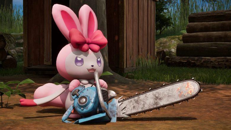 Capture montrant un Pal rose avec une tronconneuse pres d'une base en bois